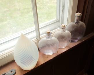 Antique opalescent swirl glass light shade, glass moon shape flask bottles