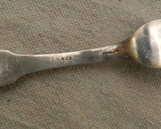 Closeup of sterling silver forks, beautiful Aesthetic Movement pattern; marked C. Y. & Co. sterling.