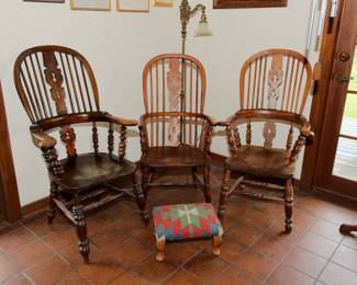 Three 19th Century high back broad arm Windsor chairs, small handcrafted Kilim style foot stool