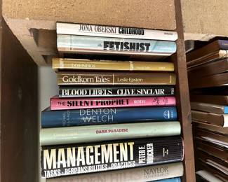Books including Blood Libels by Clive Sinclair, Childhood by Jona Oberski, and Goldkorn Tales by Leslie Epstein