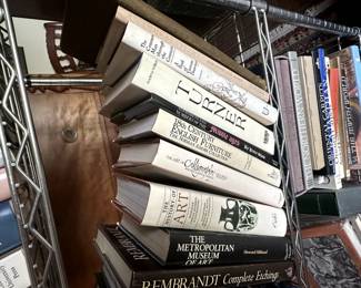 Books available at this estate sale including 18th Century English Furniture, The Metropolitan Museum of Art, and Rembrandt Complete Etchings