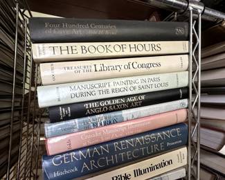Art books available at this estate sale, including German Renaissance Architecture, The Golden Age of Anglo-Saxon Art, and Four Hundred Centuries of Cave Art