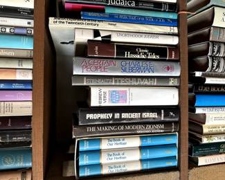 Two shelves of books on Judaism – authors include Isaac Bashevis Singer, Sylvia Rothschild, David S. Wyman, Chaim Raphael, Gershom Scholem, Albert Shulman, Hayim H. Donin, Abram L. Sachar
