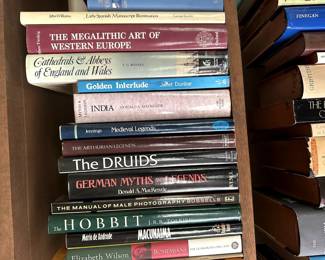 Books including ones by and about J.R.R. Tolkien; topics on art of western Europe, and various books about European myths and legends