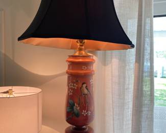 BEAUTIFUL PORCELINE HAND PAINTED LAMP WITH GRIFFEN/DOLPHINE BRASS FEET, BLACK SHADE WITH GOLD INSET