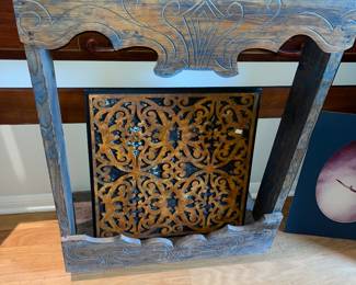 Vintage, Mexican painted prayer kneeler. Carved wall hanging shown inside.