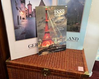 Wicker trunk & pair of framed prints