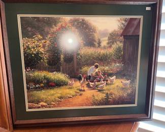 Framed print by MARK KEATHLEY. Children with chickens.
