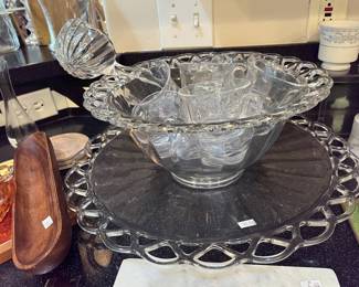 Large punch bowl, cups, ladle & tray