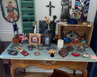 French writing desk / table loaded with Milagros, crosses, Mexican / Indian decor!