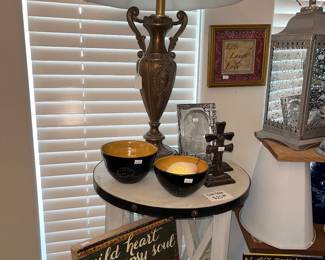 Bronze table lamp, unique pottery bowls & shabby chic side table