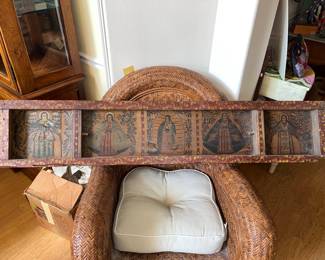 Antique painted wood frame with stretched canvas back, depicting 5 images of the blessed Virgin.