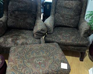 Pair of THOMASVILLE pillow back wing chairs & ottoman