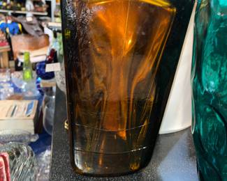 Square Modernist amber glass vase