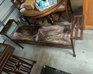 RUSTIC IRON TEXAS BENCH w/ BRINDLE COWHIDE SEAT!