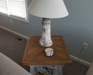 Modern farmhouse end table; table lamp
