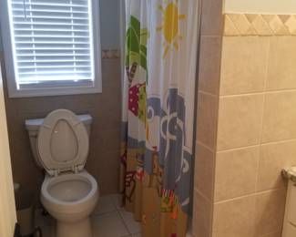 Commode; shower curtain