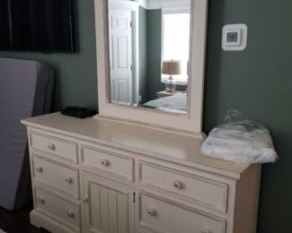 Cottage chic dresser with mirror; wall mount flat screen TV