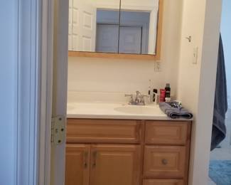 Bath vanity; mirrored illuminated medicine cabinet