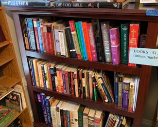 Bookcase, books (many religious)