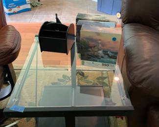 Glass end table and puzzles