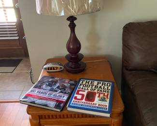 End table, books and lamps