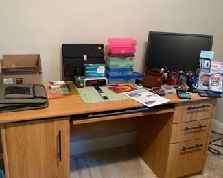 Desk, monitor, office supplies,