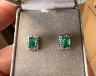 14K White Gold Natural Emerald and Diamonds Small Stud Earrings  $ 380
