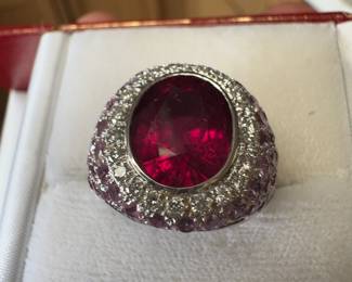 18K White Gold RUBELLITE  Tourmaline, Pink Sapphires, Diamonds Ring.    Rubellite 5.18 ct 
