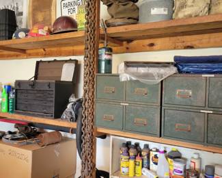 Metal Tool Box, Metal File Boxes, Klein Tool Bags, Vintage Work Helmets and Chemicals
