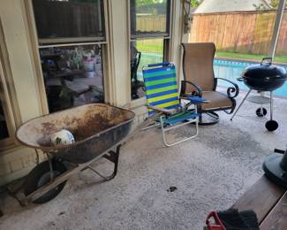Wheel Barrow, Lawn Chair and Grill