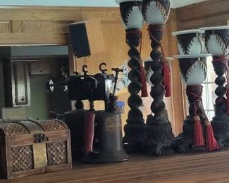 Candle Holders and Small Box and Antique Brass Tool