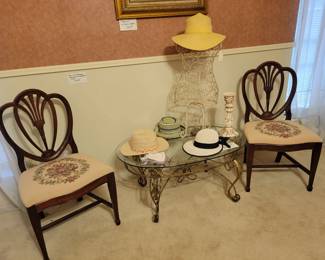 Pair of Mahogany Chairs w/Needlepoint Seats, Glass Top Coffee Table, Ladies Hats and Iron Dress Form