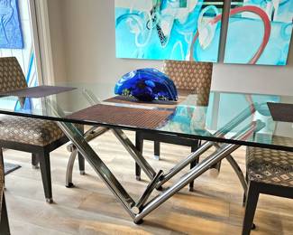Designer Modern Chrome & Glass Dining Table & Chairs.