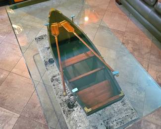 Unique Nautical Wooden Row Boat, Glass Top Coffee / Cocktail Table.