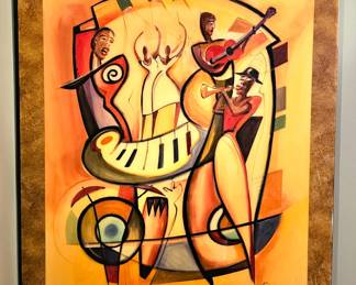 Large Alfred Gockel "Abstract Jazz Musicians" Acrylic Glazed Over Abstract Style Art Piece.