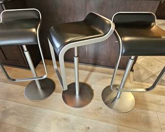 Set Of 3 LAPALMA (Italy) Lem Adjustable Bar Stools, Brushed Steel & Black Leather, Designed By Shin & Tomoko Azumi.