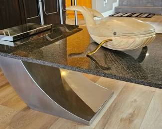 Futuristic Modern Stainless Steel & Speckled Marble Table.