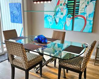 Designer Modern Chrome & Glass Dining Table & Chairs.