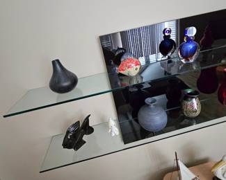 Unique Designer Black Enameled Back Panel & Double Glass Shelf Wall Statement Piece.
