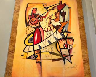 Large Alfred Gockel "Uptown Saturday Night" Acrylic Glazed Over Abstract Style Art Piece.