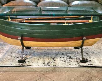Unique Nautical Wooden Row Boat, Glass Top Coffee / Cocktail Table.
