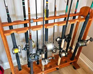 Numerous (Great Condition) Fishing Rods & Reels & Rolling Holder.