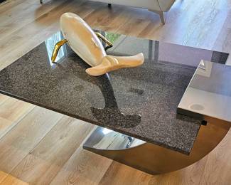 Futuristic Modern Stainless Steel & Speckled Marble Table.