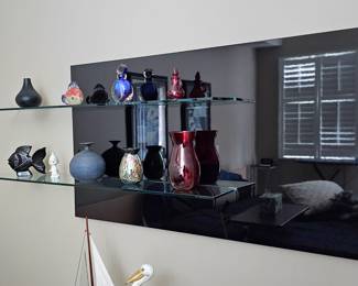 Unique Designer Black Enameled Back Panel & Double Glass Shelf Wall Statement Piece.