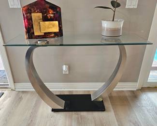 Roxo Satin / Plated & Black, Glass Top Sofa / Occasional Table.