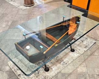 Unique Nautical Wooden Row Boat, Glass Top Coffee / Cocktail Table.