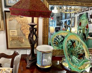 One of a Pair of Swan Lamps, One of a Pair of French Porcelain Henri Ardant for Limoges Style Cache Pots, Handblown Art Glass by Viz