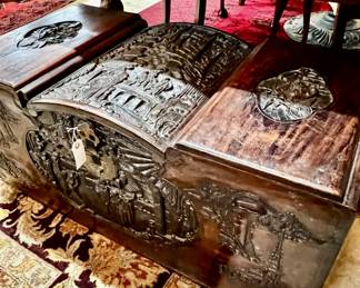 Vintage Chinese Hand Carved Camppor Wood Chest