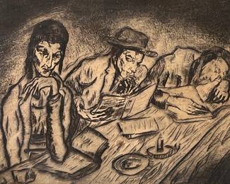 An Ink on Paper Etching of Three Men Working